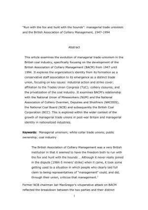 “Run with the Fox and Hunt with the Hounds”: Managerial Trade Unionism and the British Association of Colliery Management, 1947-1994