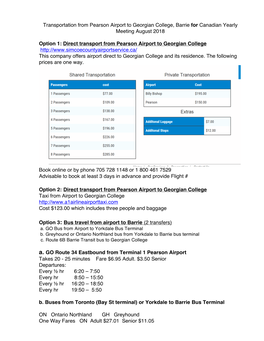 Transportation from Pearson Airport to Georgian College, Barrie for Canadian Yearly Meeting August 2018