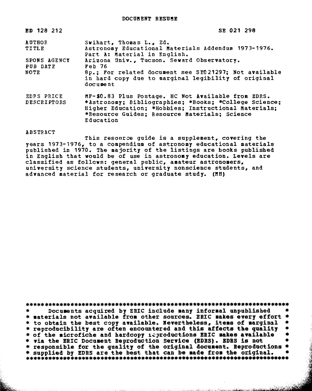 Astronomy Educational Materials Addendum 1973-1976. Part A: Material in English