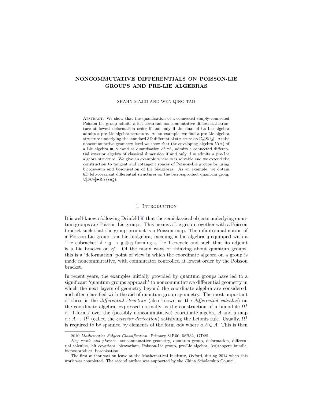 Noncommutative Differentials on Poisson-Lie Groups and Pre-Lie Algebras