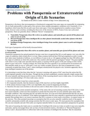 Problems with Panspermia Or Extraterrestrial Origin of Life Scenarios As Found on the IDEA Center Website At