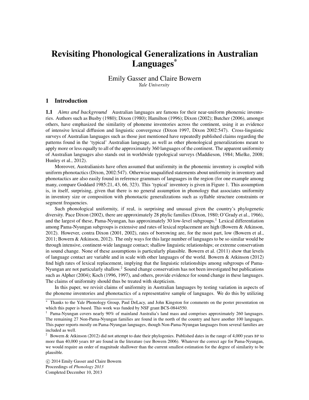 Revisiting Phonological Generalizations in Australian Languages* Emily Gasser and Claire Bowern Yale University