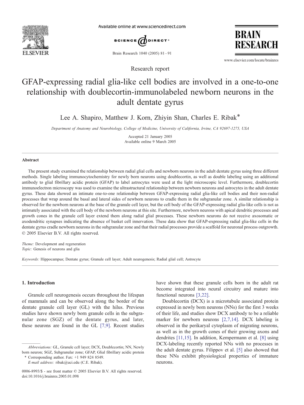 GFAP-Expressing Radial Glia-Like Cell Bodies Are Involved in a One-To-One Relationship with Doublecortin-Immunolabeled Newborn Neurons in the Adult Dentate Gyrus