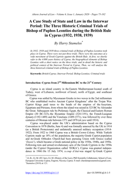 A Case Study of State and Law in the Interwar Period: the Three Historic Criminal Trials of Bishop of Paphos Leontios During