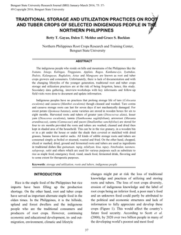 Traditional Storage and Utilization Practices on Root and Tuber Crops of Selected Indigenous People in the Northern Philippines