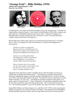 Strange Fruit”—Billie Holiday (1939) Added to the National Registry: 2002 Essay by Cary O’Dell