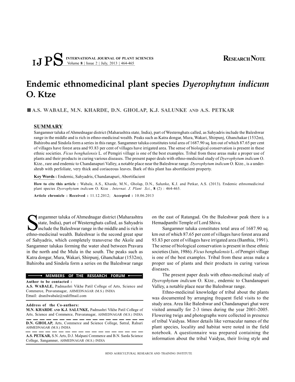 Endemic Ethnomedicinal Plant Species Dyerophytum Indicum O. Ktze