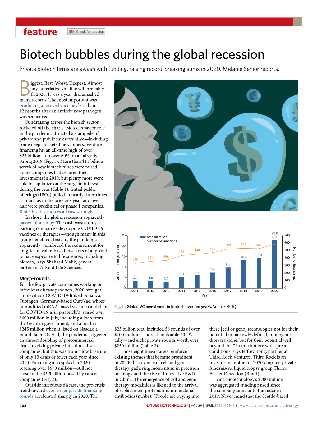 Feature Biotech Bubbles During the Global Recession Private Biotech Frms Are Awash with Funding, Raising Record-Breaking Sums in 2020