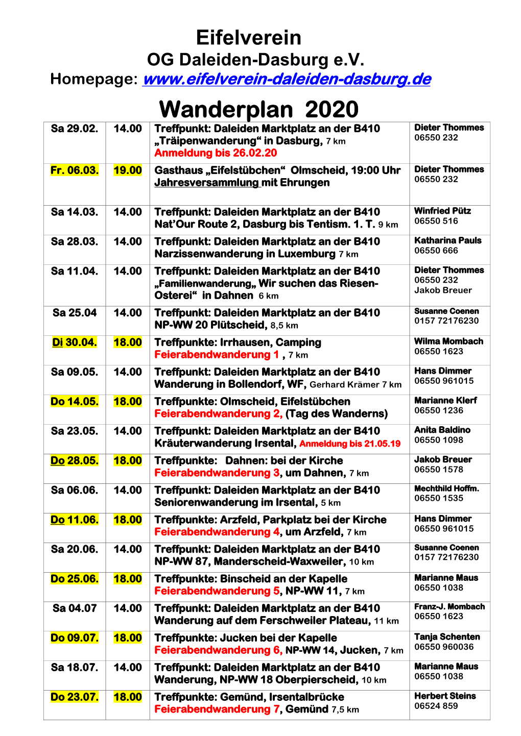 Wanderplan 2020 Sa 29.02