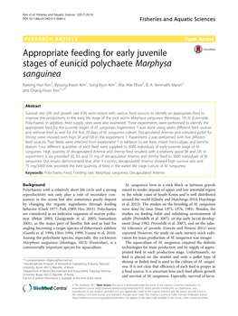 Appropriate Feeding for Early Juvenile Stages of Eunicid Polychaete Marphysa Sanguinea Kyeong Hun Kim1, Byoung Kwon Kim2, Sung Kyun Kim2, War War Phoo2, B