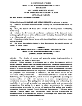 Government of India Ministry of Housing and Urban Affairs Lok Sabha Unstarred Question No