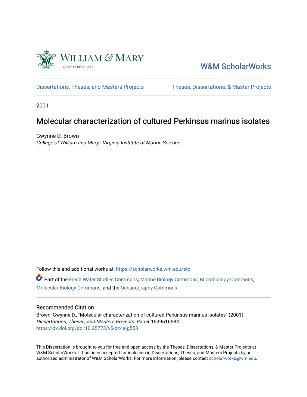 Molecular Characterization of Cultured Perkinsus Marinus Isolates