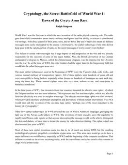 Cryptology, the Secret Battlefield of World War I: Dawn of the Crypto Arms Race