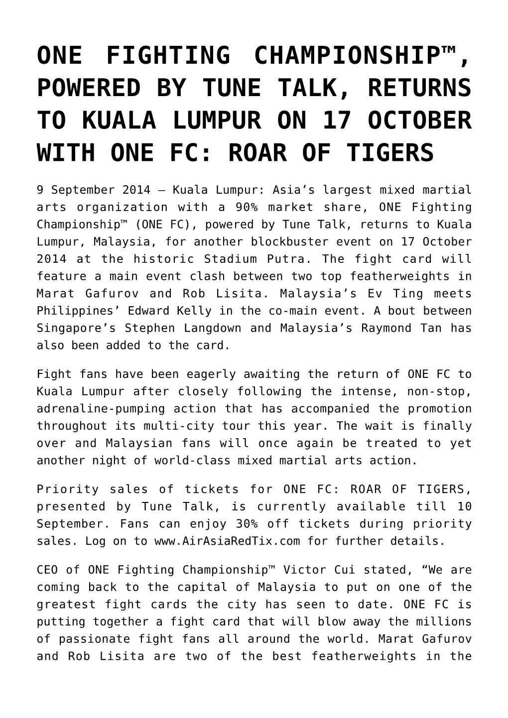 One Fighting Championship™, Powered by Tune Talk, Returns to Kuala Lumpur on 17 October with One Fc: Roar of Tigers