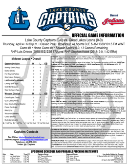 OFFICIAL GAME INFORMATION Lake County Captains (0-0) Vs