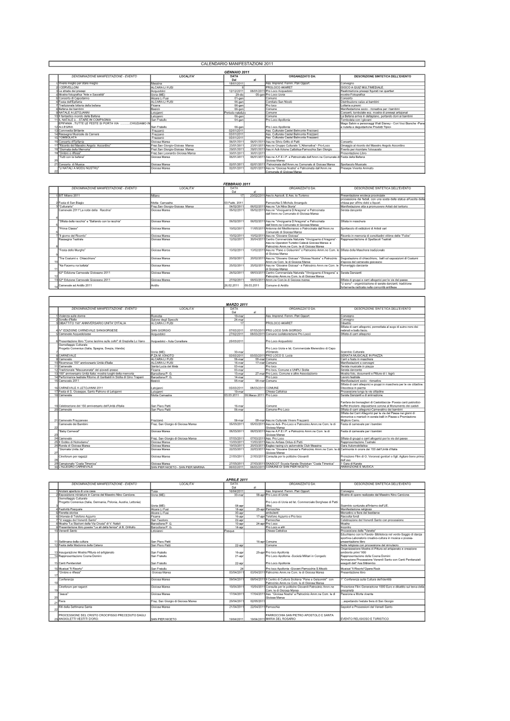 Calendario Manifestazioni 2011