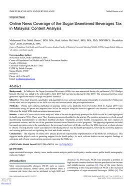 Online News Coverage of the Sugar-Sweetened Beverages Tax in Malaysia: Content Analysis