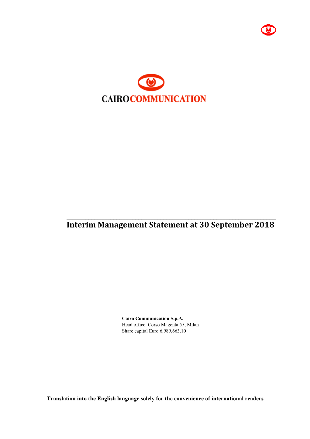 Interim Management Statement at 30 September 2018