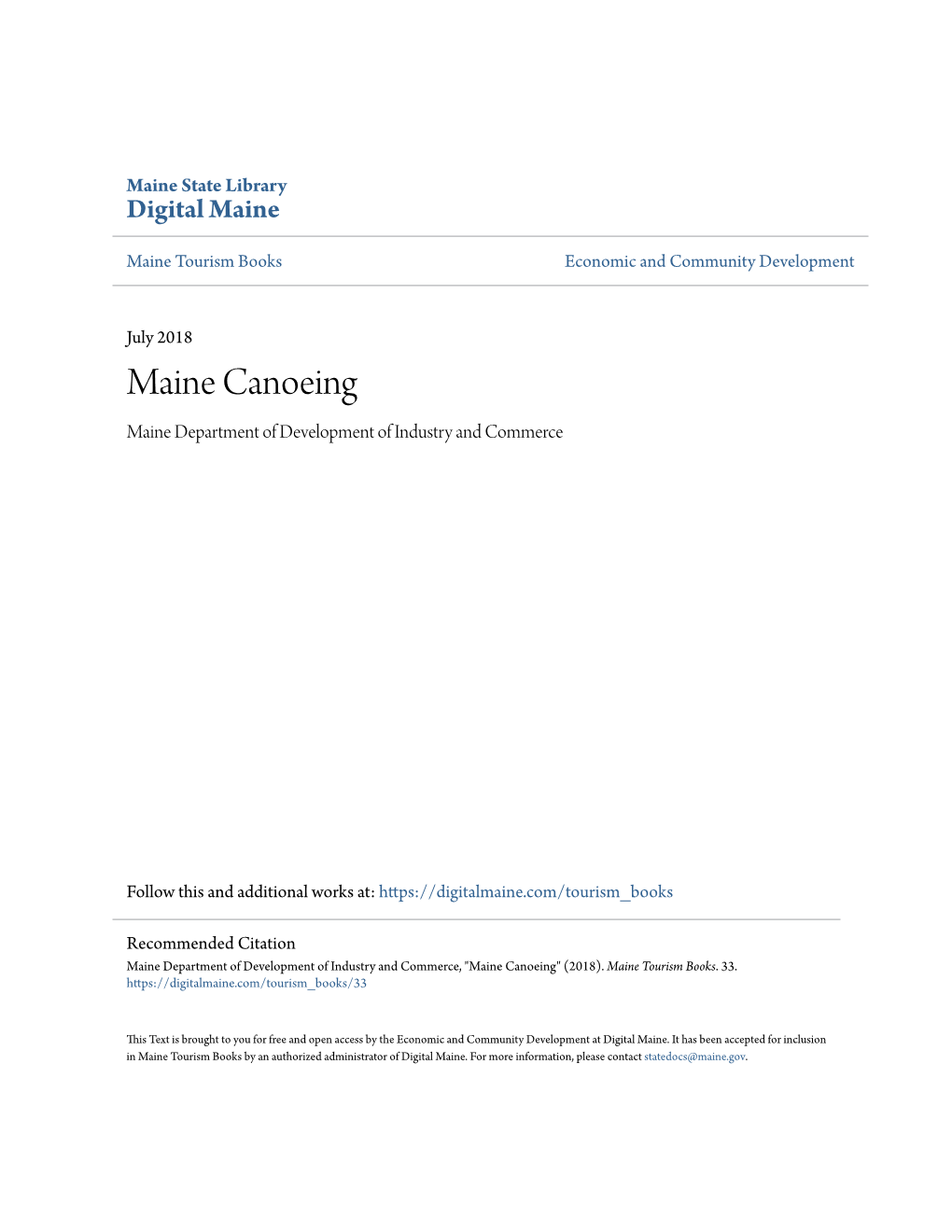 Maine Canoeing Maine Department of Development of Industry and Commerce