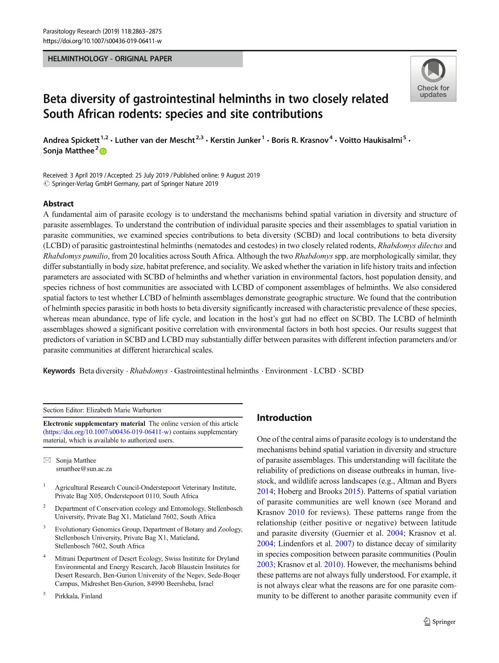 Beta Diversity of Gastrointestinal Helminths in Two Closely Related South African Rodents: Species and Site Contributions