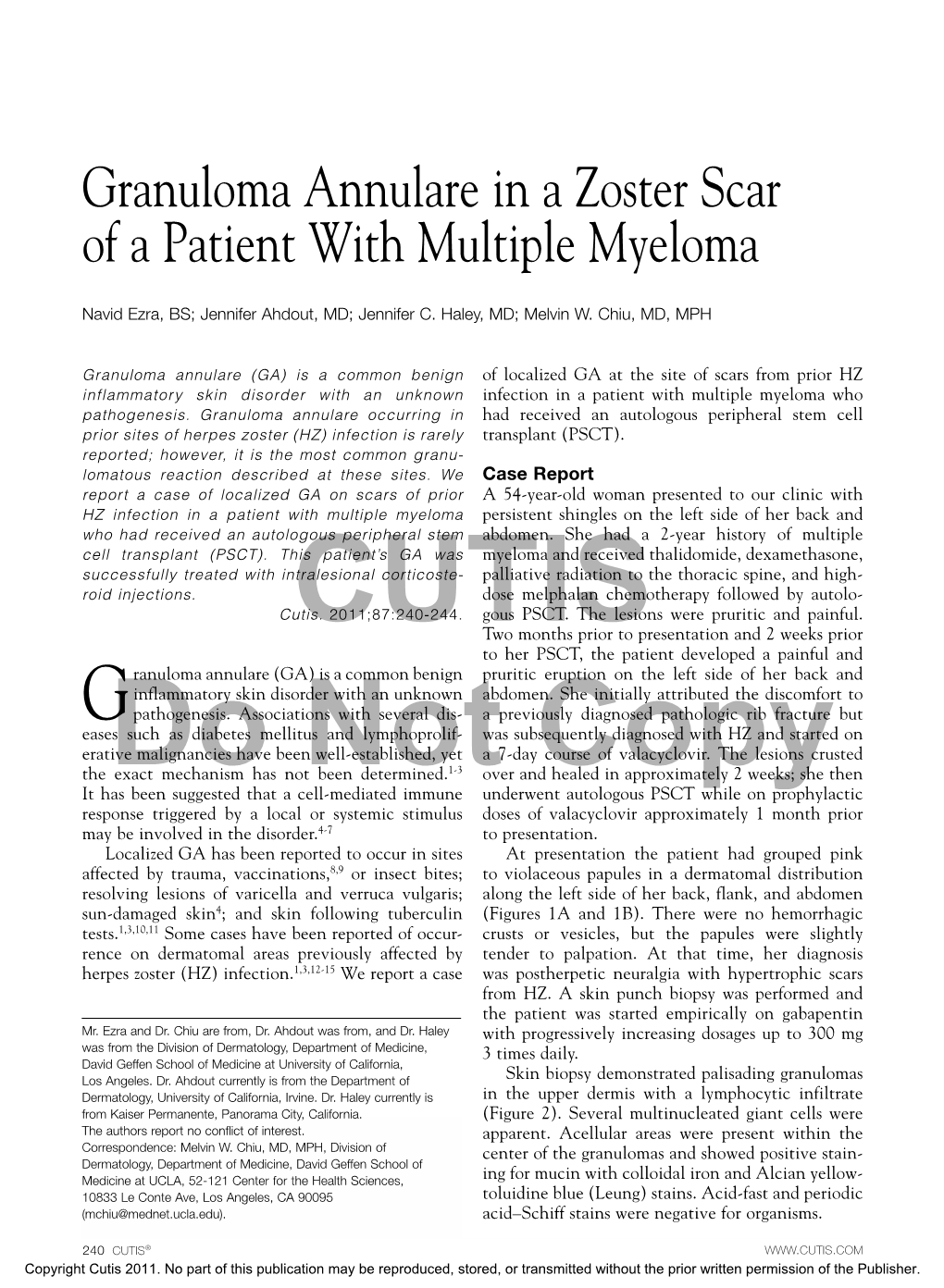 Granuloma Annulare in a Zoster Scar of a Patient with Multiple Myeloma