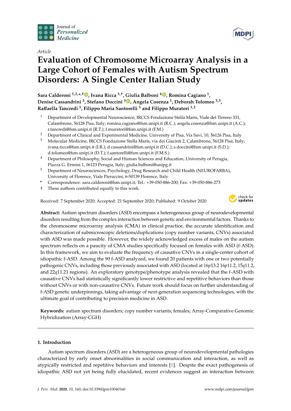 Evaluation of Chromosome Microarray Analysis in a Large Cohort of Females with Autism Spectrum Disorders: a Single Center Italian Study