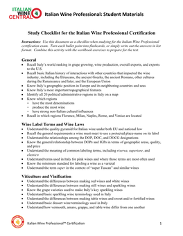 Study Checklist for the Italian Wine Professional Certification