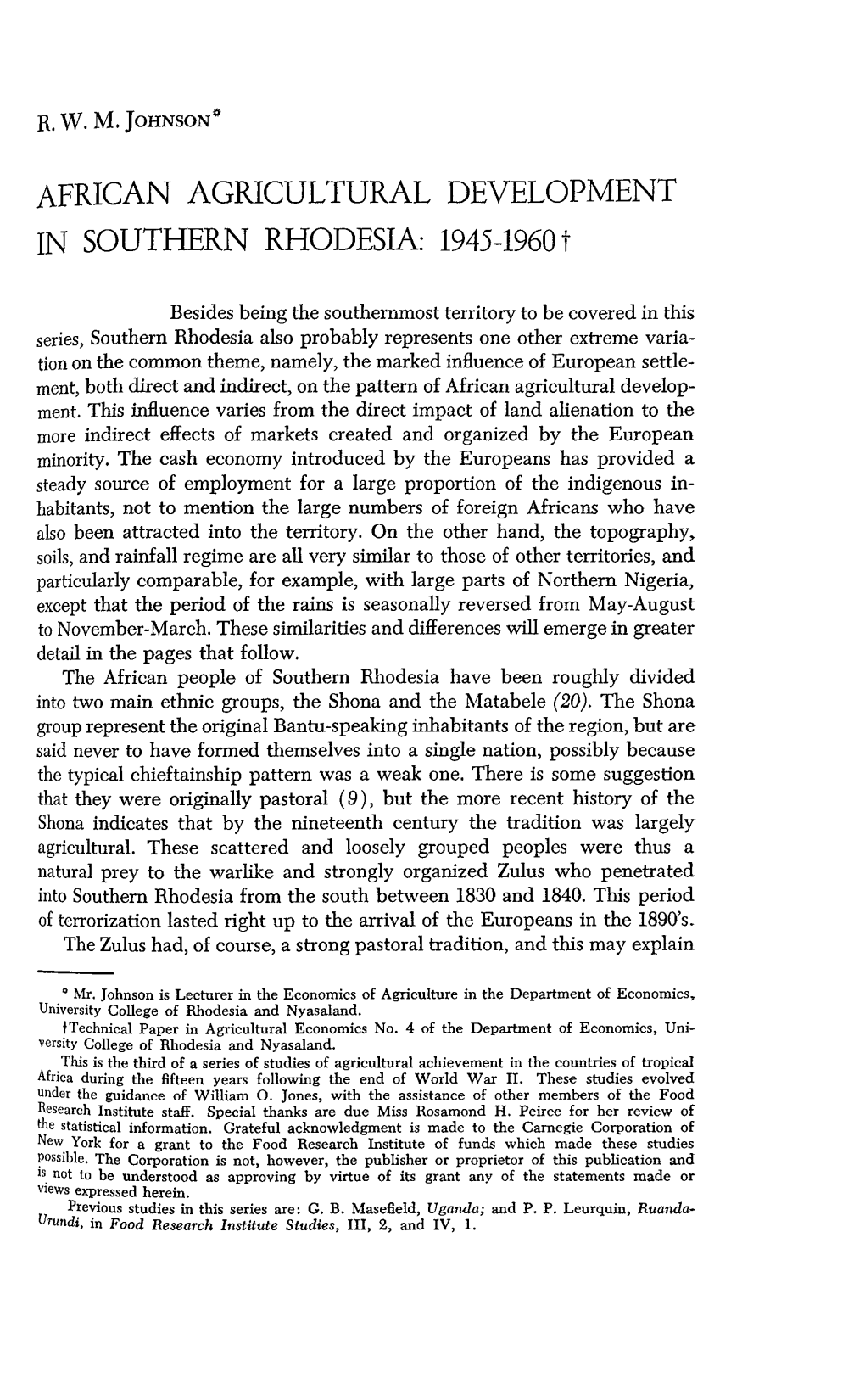 AFRICAN AGRICULTURAL DEVELOPMENT in SOUTHERN RHODESIA: 1945-1960T