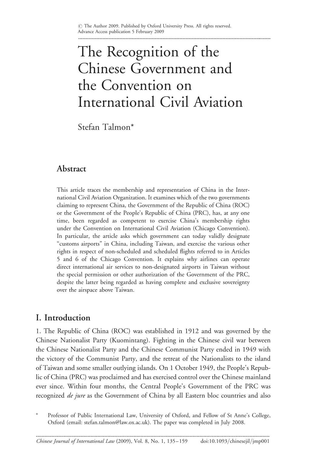 The Recognition of the Chinese Government and the Convention on International Civil Aviation