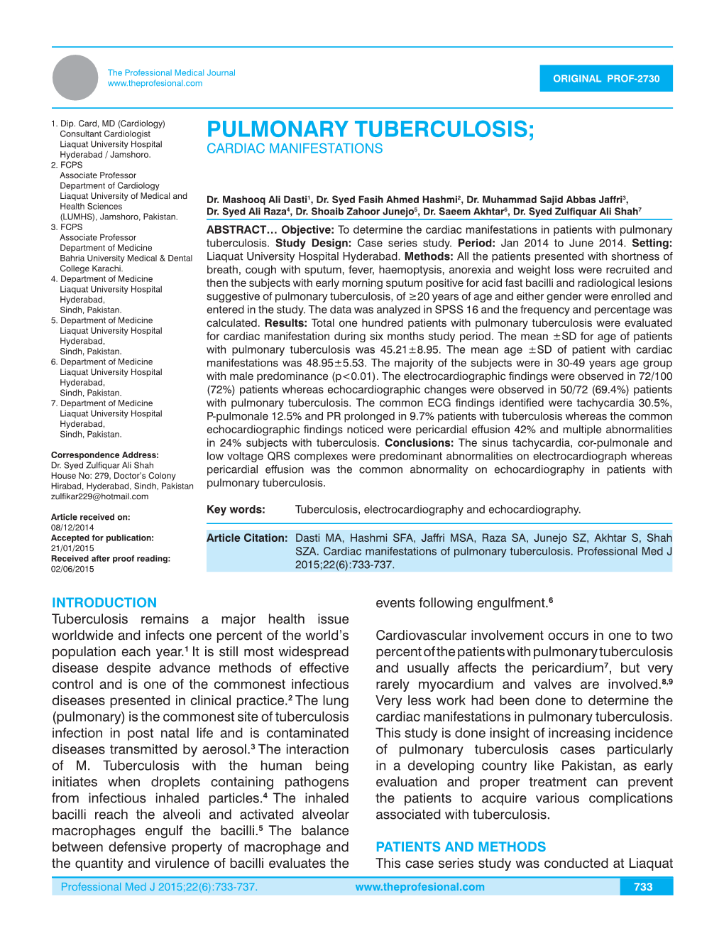 PULMONARY TUBERCULOSIS; Liaquat University Hospital Hyderabad / Jamshoro