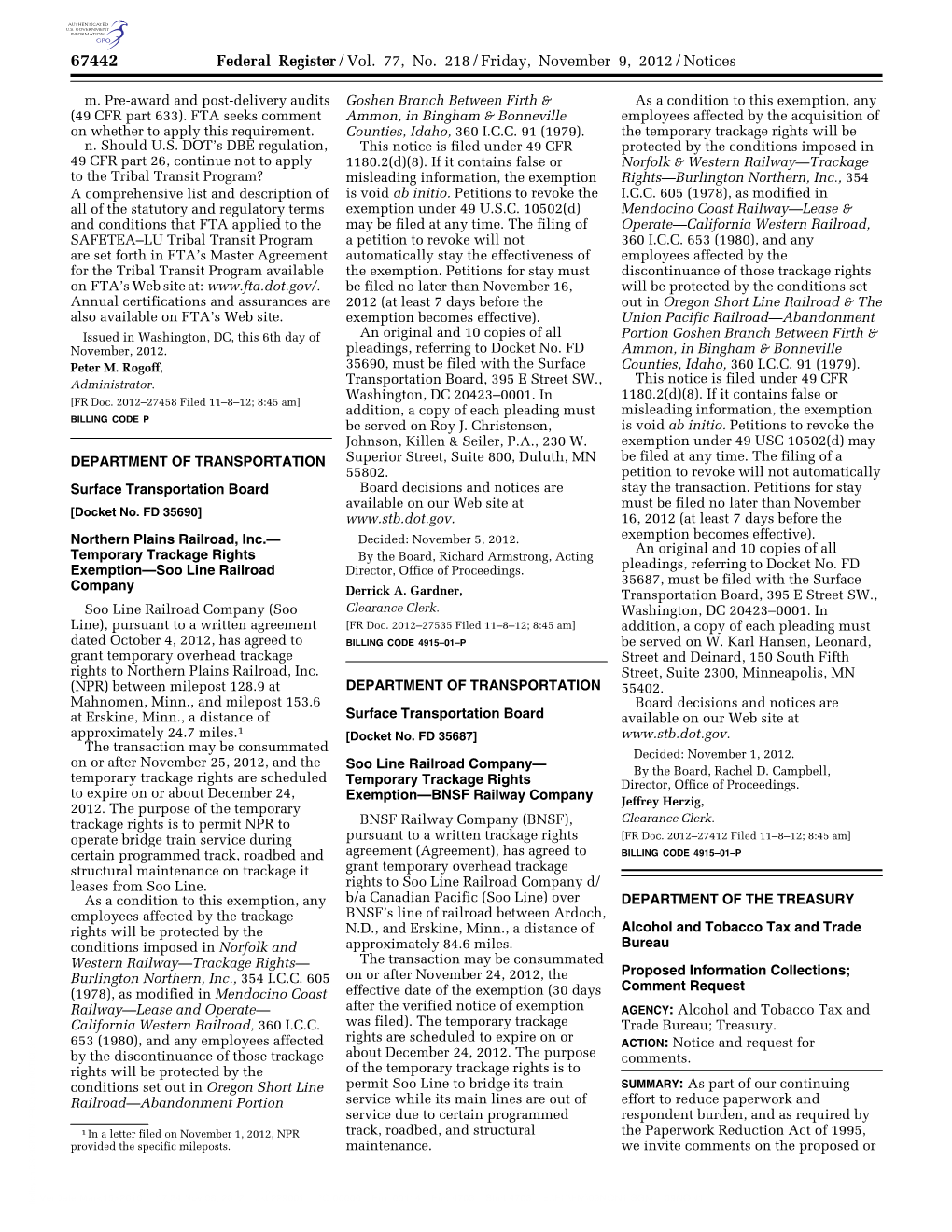 Federal Register/Vol. 77, No. 218/Friday, November 9, 2012/Notices