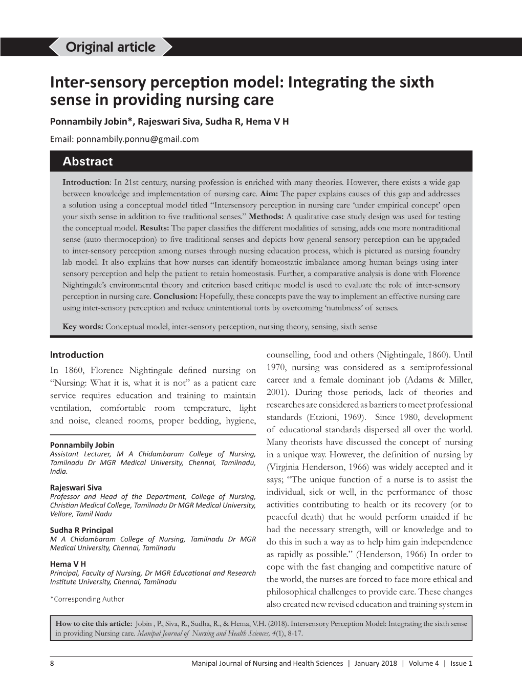 Integrating the Sixth Sense in Providing Nursing Care Ponnambily Jobin*, Rajeswari Siva, Sudha R, Hema V H Email: Ponnambily.Ponnu@Gmail.Com Abstract