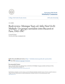Monique Yaari, Ed., Infra-Noir Un Et Multiple: Un Groupe Surréaliste Entre Bucarest Et Paris, 1945-1947 Cosana M