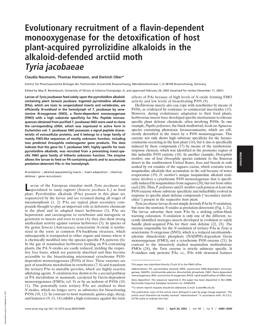 Evolutionary Recruitment of a Flavin-Dependent Monooxygenase for the Detoxification of Host Plant-Acquired Pyrrolizidine Alkaloi