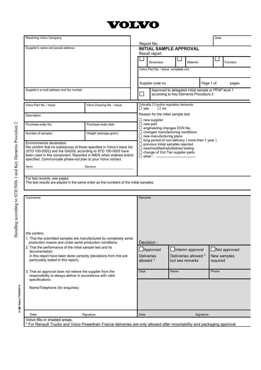 Initial Sample Approval - Result Report