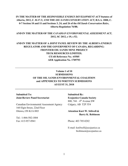 SUBMISSIONS of the OIL SANDS ENVIRONMENTAL COALITION and APPENDICES to WRITTEN SUBMISSIONS AUGUST 31, 2018 ______