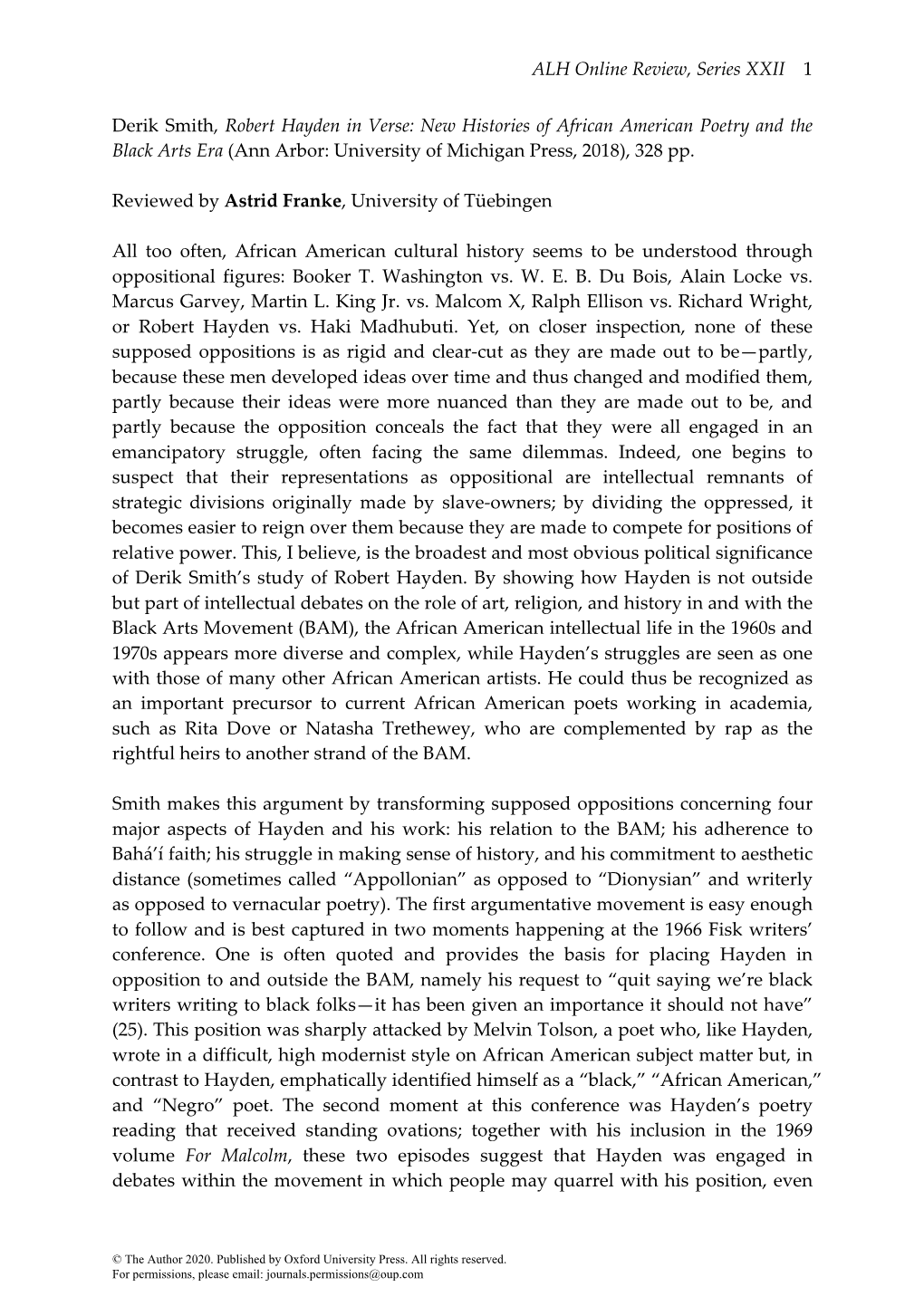 ALH Online Review, Series XXII 1 Derik Smith, Robert Hayden in Verse: New Histories of African American Poetry and the Black