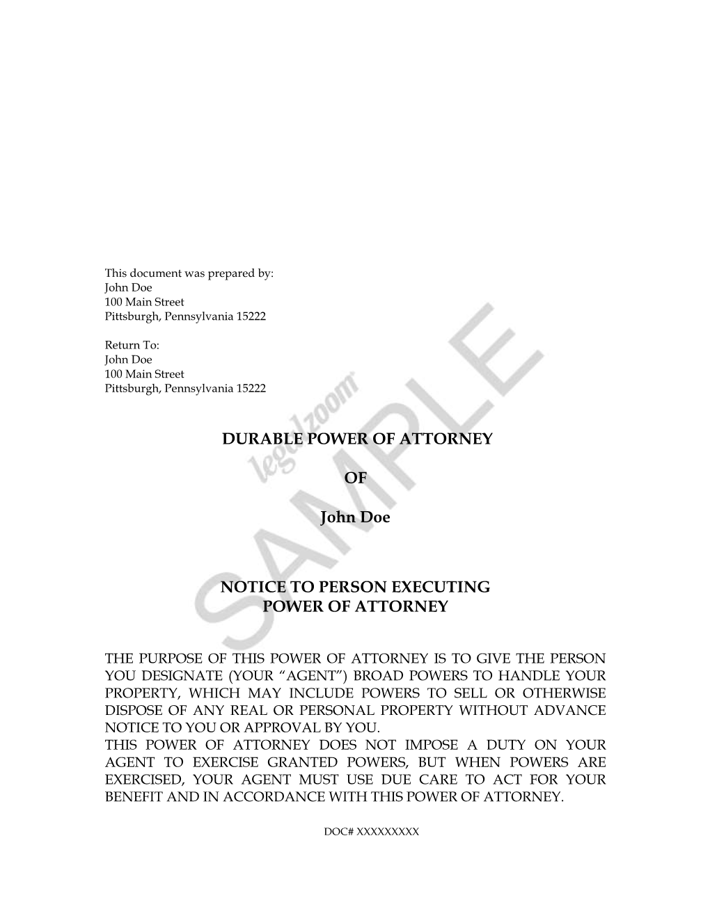 DURABLE POWER of ATTORNEY of John Doe NOTICE to PERSON