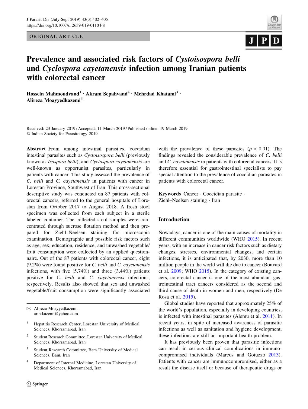 Prevalence and Associated Risk Factors of Cystoisospora Belli and Cyclospora Cayetanensis Infection Among Iranian Patients with Colorectal Cancer