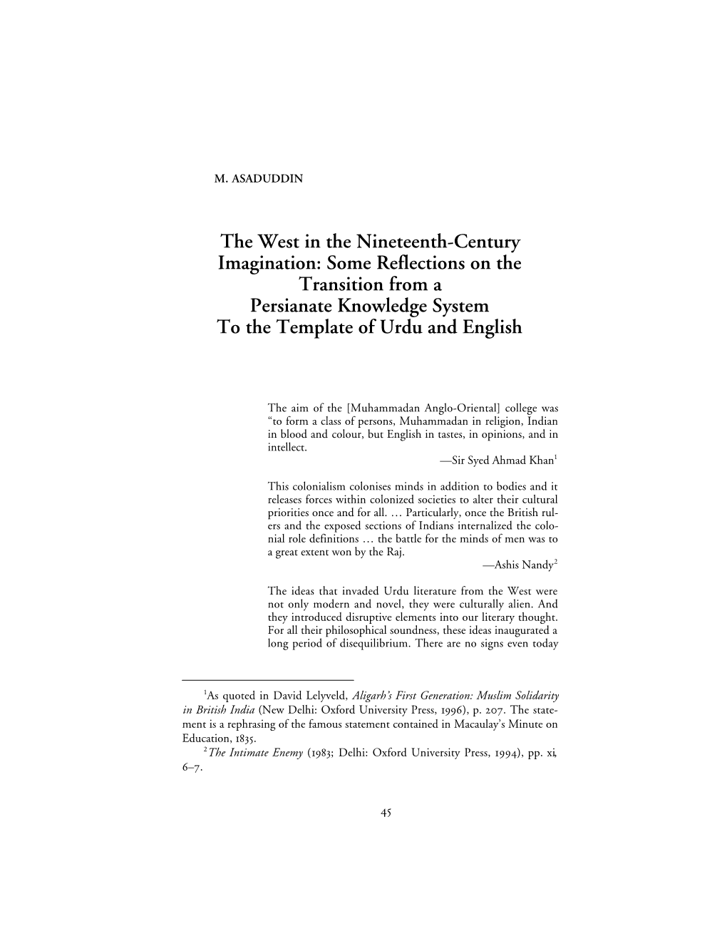 The West in the Nineteenth-Century Imagination: Some Reflections on the Transition from a Persianate Knowledge System to the Template of Urdu and English