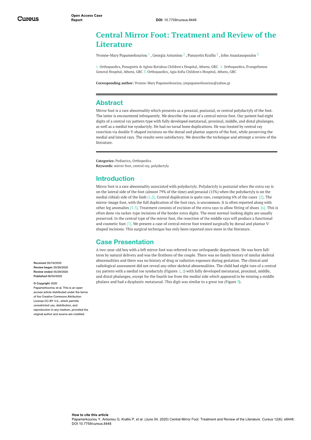 Central Mirror Foot: Treatment and Review of the Literature