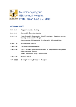 Preliminary Program ISSLS Annual Meeting Kyoto, Japan June 3-7, 2019
