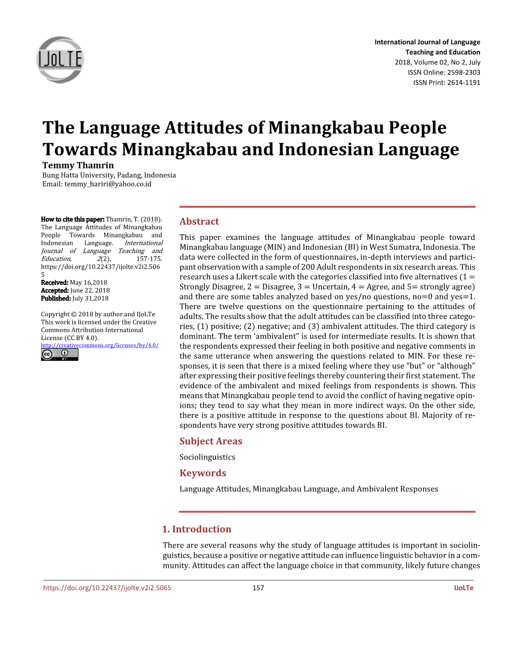 The Language Attitudes of Minangkabau People Towards