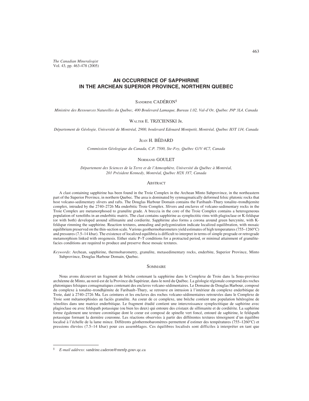 An Occurrence of Sapphirine in the Archean Superior Province, Northern Quebec