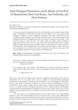 Hard Theological Determinism and the Illusion of Free Will: Sri Ramakrishna Meets Lord Kames, Saul Smilansky, and Derk Pereboom ______