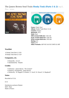 The James Brown Soul Train Honky Tonk (Parts 1 & 2) Mp3, Flac, Wma