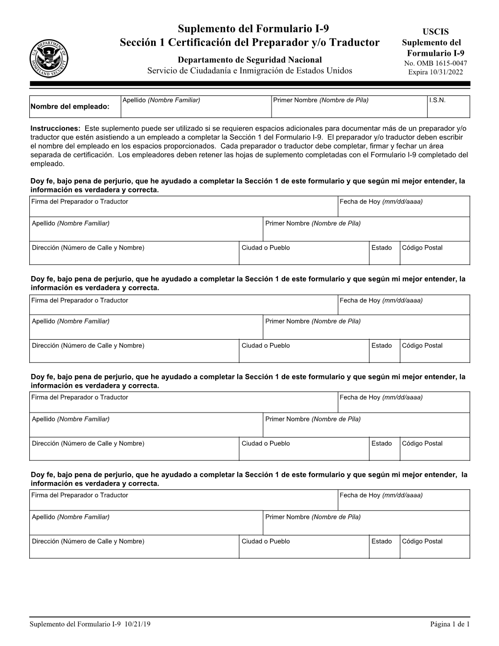 Suplemento Del Formulario I-9 Sección 1 Certificación Del