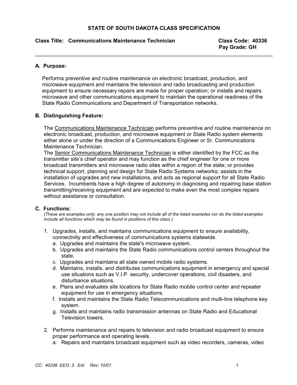 State of South Dakota Class Specification