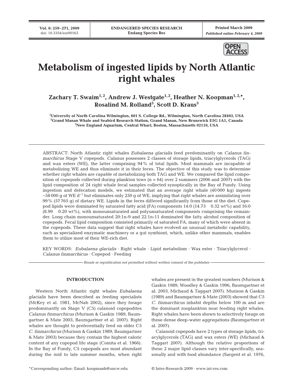 Metabolism of Ingested Lipids by North Atlantic Right Whales