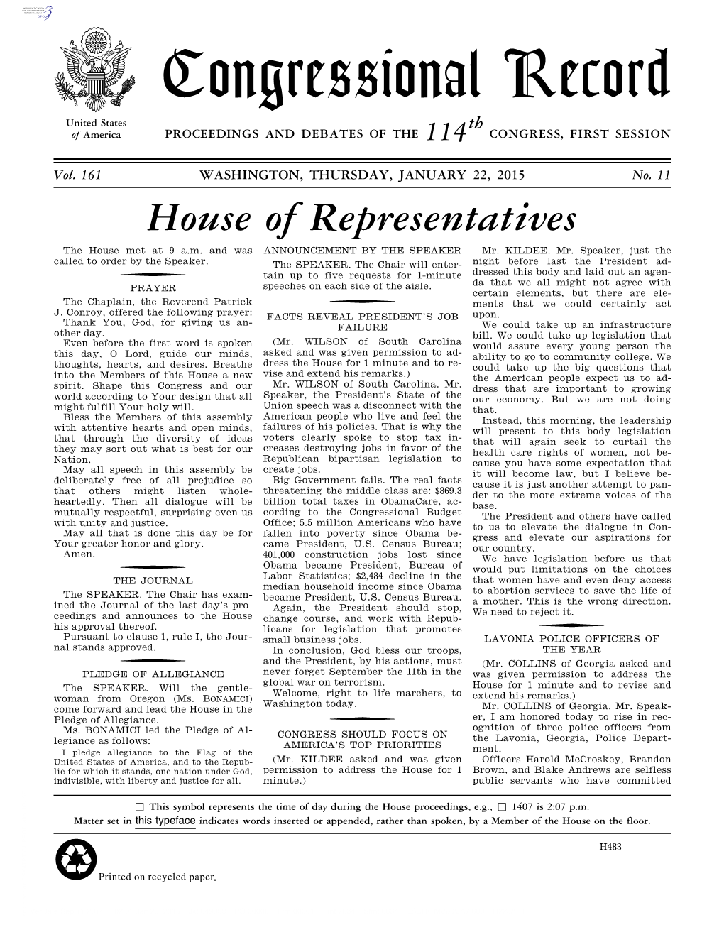 Congressional Record United States Th of America PROCEEDINGS and DEBATES of the 114 CONGRESS, FIRST SESSION